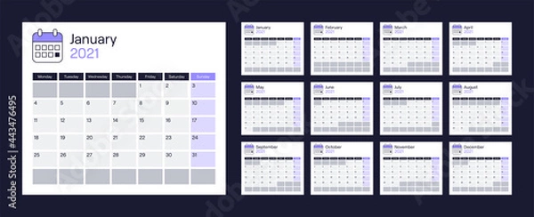 Fototapeta Calendar 2021, diary, planner template set. Isolated calendars, week start Monday. Agenda with days, weeks, months. Modern design with colors, vector illustration.