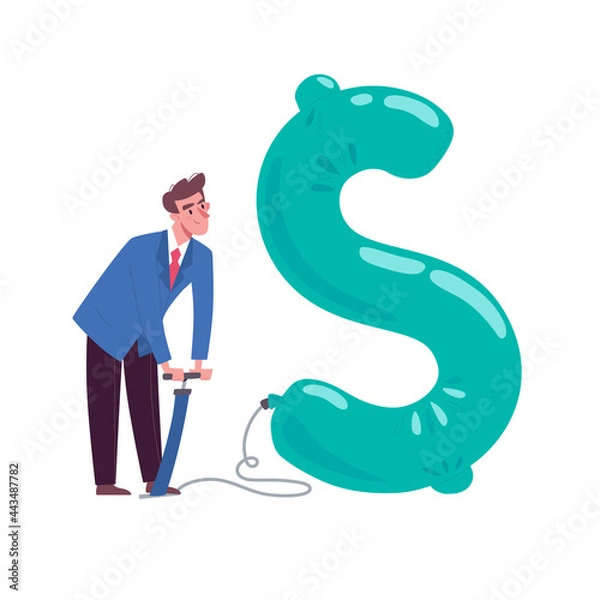 Fototapeta A man inflating up a dollar, a balloon. The concept of inflation, inflation of the money bubble, uncontrolled emission of money. Vector illustration of the issue financial system, flat style. Isolated