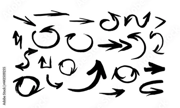 Fototapeta Vector images of black arrows and pointers on a white background in calligraphic style. Set