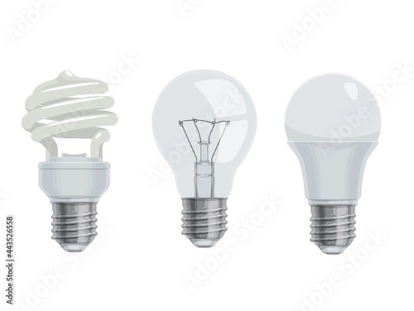 Fototapeta Lightbulbs and lamps, cartoon vector icons. Isolated electric LED and incandescent or energy saving light bulbs, cartoon or realistic lamps set
