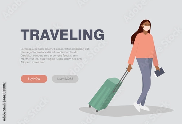 Fototapeta Young female character wearing medical face mask goes with travel bag. Traveling safe journey concept for banner, website design or landing web page
