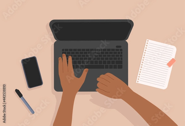 Fototapeta Hands working on the laptop. Notepaper, phone and marker on the table. Top-down view. Modern vector illustrated banner, web. Work from home concept.