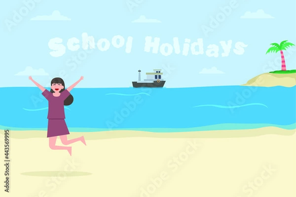 Fototapeta School holidays vector concept: Little girl jumping on the beach with school holidays text on the sky 