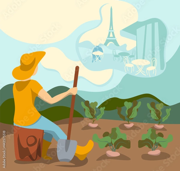 Obraz woman is sitting in garden, looking in the sky and dreams about Paris. Clouds with Paris, fantasy. Woman is growing vegetables and dreams about France