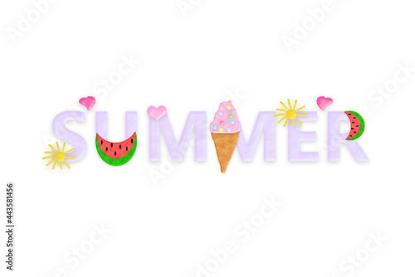 Fototapeta The word "summer" is decorated on a white background. An isolated word made of plasticine.