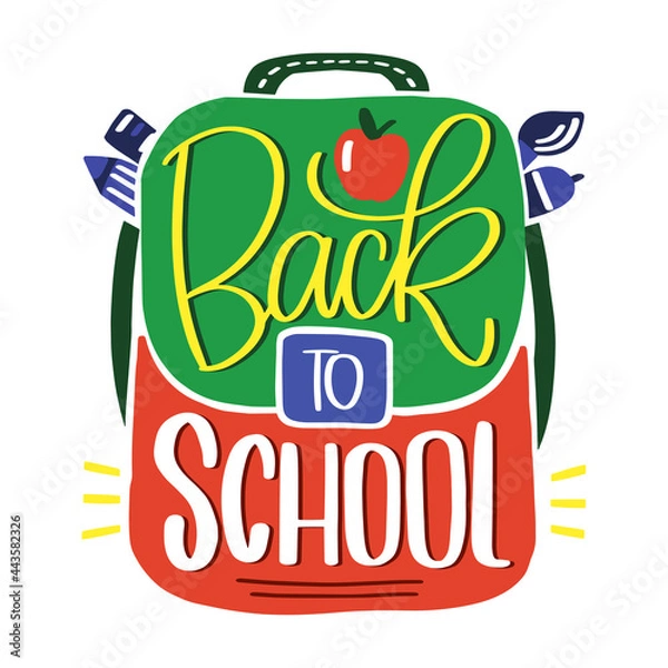 Obraz Back to school lettering with colourful backpack clipart for kids, elementary school students.