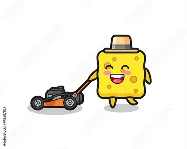 Fototapeta illustration of the sponge character using lawn mower
