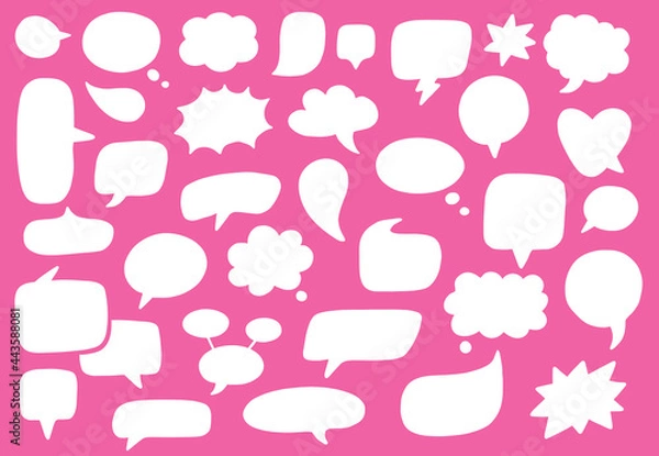 Fototapeta Vector set of speech bubbles. White silhouettes frames for presentation, and infographic. Hand-drawn, doodle elements isolated on colorful background.