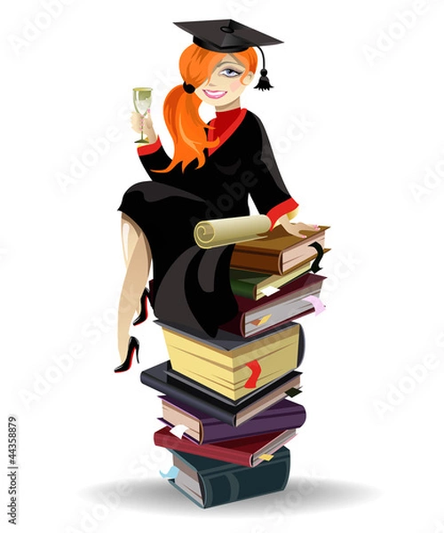 Fototapeta Red haired graduated girl with diploma sitting on books pile.