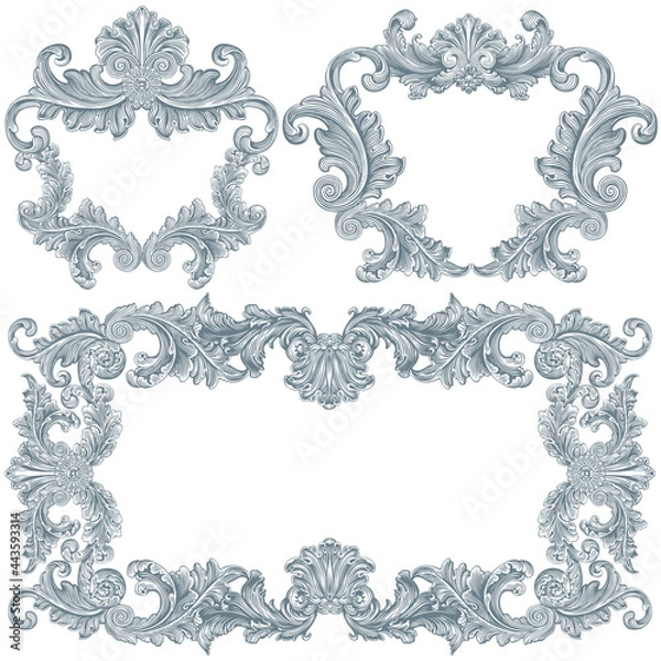 Fototapeta Vintage decorative ornamental monochrome frames. Design set. Editable hand drawn illustration. Vector engraving. Isolated on white background. 8 EPS