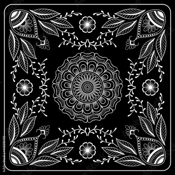 Fototapeta Black and white abstract bandana print with  element henna style. Square pattern design for pillow, carpet, rug. Design for silk neck scarf, kerchief, hanky