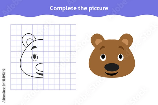 Fototapeta Complete the picture. Educational game, reflection image for toddlers. Symmetrical worksheet with cute bear face for kindergarten and preschool. Children pastime, traning for visual perception