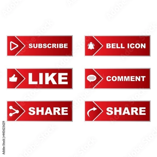 Fototapeta Subscribe button collection with multiple square shapes. Red color button collection with like, comment and share icon. Metallic red color social media button collection.