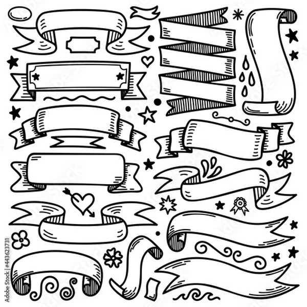 Fototapeta Hand drawn ribbons doodle style. Decorative element for wedding, birthday etc. Isolated on white background. Vector print illustration