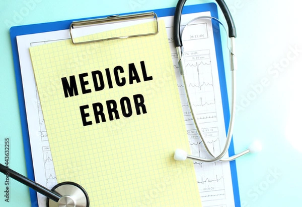 Fototapeta Blue medical clipboard with a sheet of yellow paper with the text MEDICAL ERROR and a stethoscope on a blue background.