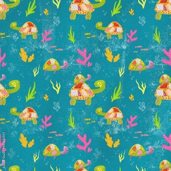 Fototapeta Seamless pattern, funny turtles on dark background. Designs for clothing, fabric, and other items.