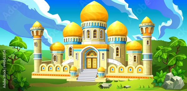 Obraz Arabian palace with white walls, towers and golden domes, tents. Vector illustration.