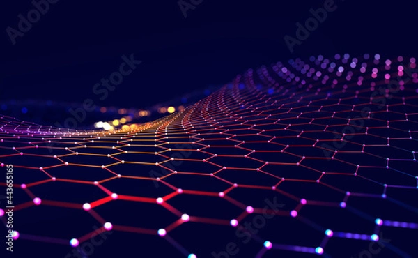 Obraz Cybernetyczny przepływ dużych danych. Pola danych blockchain. Strumień linii sieciowej. Koncepcja technologii AI, komunikacja cyfrowa, badania naukowe, 3D ilustracja komórki neuronowe