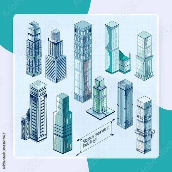 Fototapeta Sketch Isometric Buildings Colored