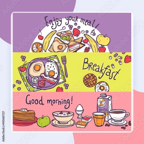 Fototapeta Breakfast horizontal banner set with food and drink hand drawn elements isolated vector illustration
