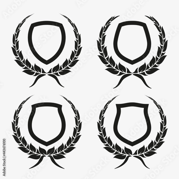 Fototapeta Protect guard shield wreath concept. Outline shield badge. Safety icon set. Privacy banner kit. Security label. Flat style protect garland sticker symbol shape. Safeguard simple sign wreath pictogram