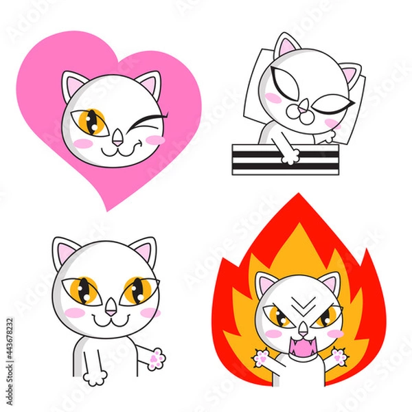 Fototapeta Cute cat set stickers isolated on white
