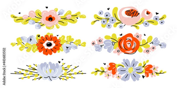 Fototapeta Set of cute hand drawn flowers. Modern collage of blossoming plants for pre-made poster print or greeting card. Naive style vector illustration with abstract floral design. Editable stroke