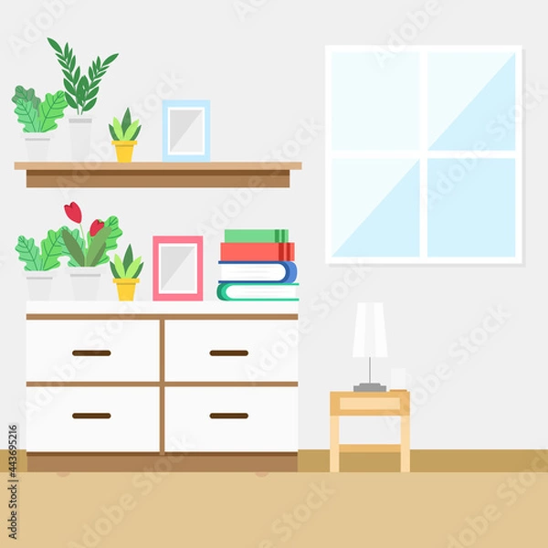 Fototapeta Chest of drawers and mezzanine walls and lamps, and windows let in the light , illustration Vector EPS 10