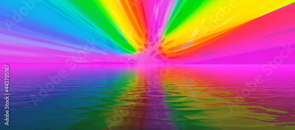 Obraz colorful vivid rainbow sky reflecting over calm ocean water surface
