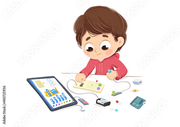 Fototapeta Illustration of a kid making inventions with an electronics kit learning