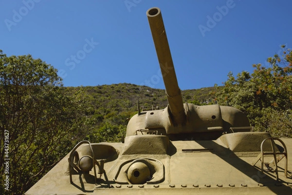 Fototapeta American M4 Sherman world war II tank with in the background the Monte Soratte fallout shelter of Sant'Oreste , Rome , Italy