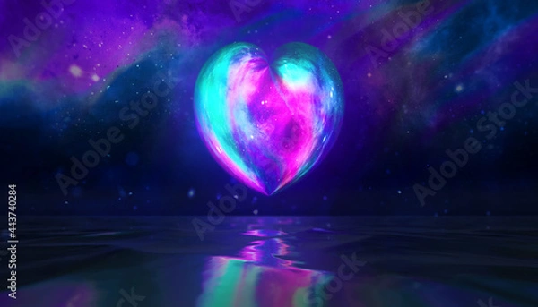 Obraz glowing heart shape colored moon texture with galaxy background and realistic sea water reflection