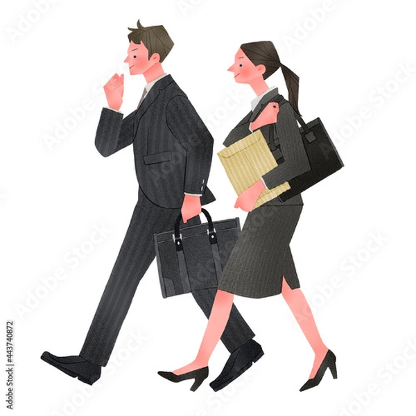 Obraz 気合を入れて歩く就活生の男性と女性全身手描きイラスト
