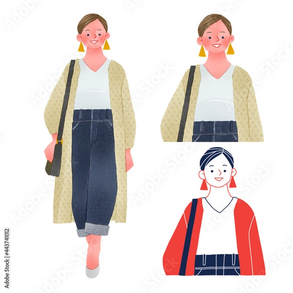 Obraz ぽっちゃりでおしゃれなファッションの若い女性人物全身手描きイラスト
