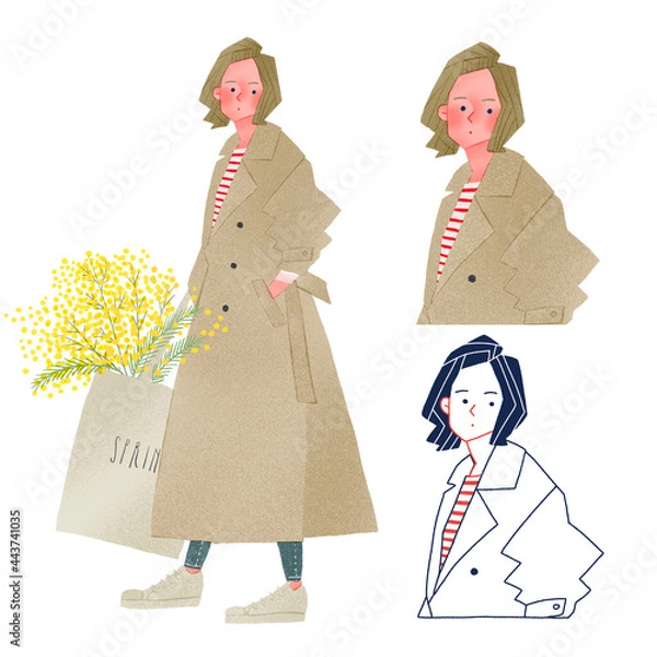 Fototapeta ミモザを持ったおしゃれなトレンチコートファッションの若い女性人物全身手描きイラスト
