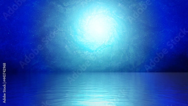 Obraz hand painted fantasy portal glowing in white over dark blue sky reflecting over calm sea ocean water surface