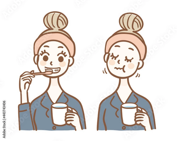 Obraz 歯磨きとうがいをするパジャマ姿の女性