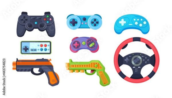 Fototapeta Set game console. Gamepad, playing joystick, video console, joy video games gadgets, wireless gamepad steering wheel. Retro modern devices for gamers gaming consoles vector