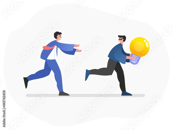 Fototapeta Man chase thief who stole his idea, intellectual property infringement. Online robber, crime. Modern vector illustration