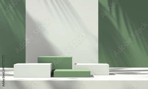 Fototapeta 3D green product podium display with green background and tree shadow,summer product mockup background,3D render illustration