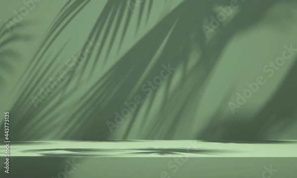 Fototapeta 3D green product podium display with green background and tree shadow,summer product mockup background,3D render illustration