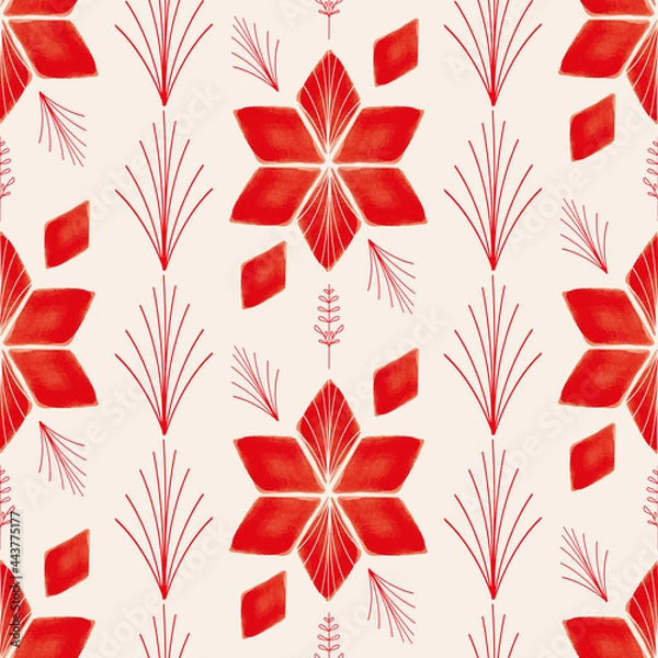 Fototapeta Vector red flower poinsettia ecru seamless pattern