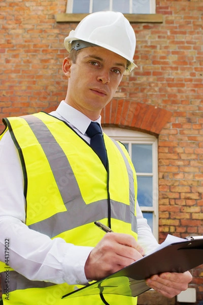Fototapeta Construction professional with clipboard, an inspector, surveyor
