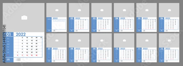 Fototapeta Wall Monthly Photo Calendar 2022. Simple monthly vertical photo calendar Layout for 2022 year in English. Cover Calendar, 12 months templates. Week starts from Monday. Vector illustration