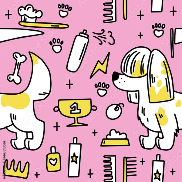 Fototapeta Dog grooming pattern. Dog grooming. Groomer. Grooming tools. Doodle pattern. For backgrounds, packaging, textile and various other designs.