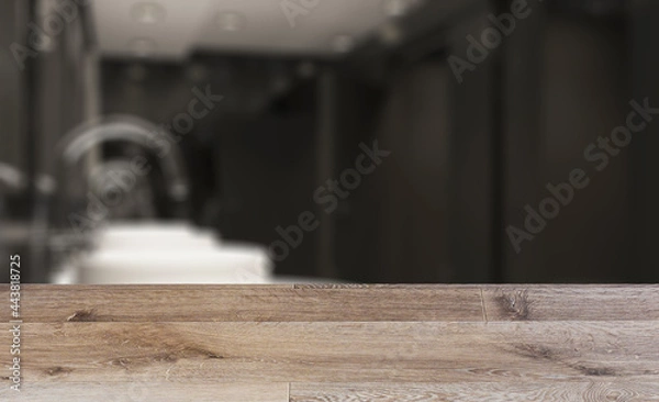 Fototapeta Background with empty wooden table. Flooring. Contemporary interior of public toilet. 3D rendering.