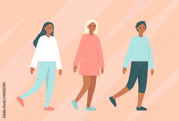 Fototapeta People walking. Trendy vector characters, boy and girls. For web, banners