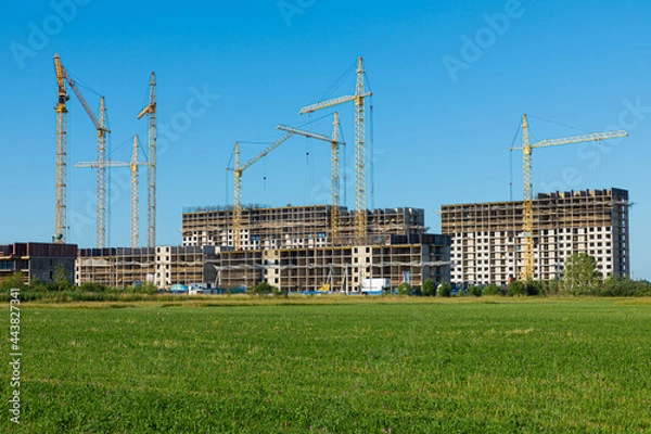 Fototapeta Cloudless landscape or scene of meadow with green grass and bushes with concrete modern building construction with tall yellow cranes on the background of clear blue sky