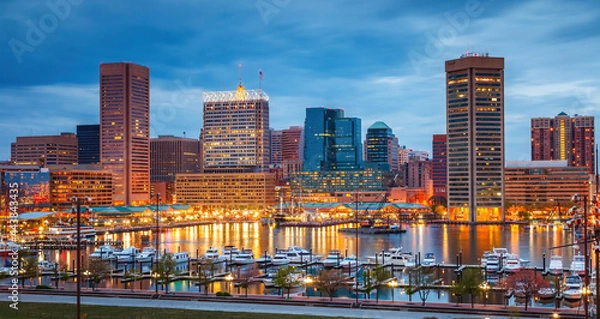 Fototapeta View on Baltimore skyline and Inner Harbor from Federal Hill at dusk, Maryland