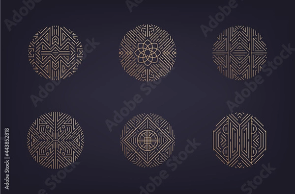 Obraz Vector set of art deco linear circles, linear round symbols, decorative design templates, monogram luxury logos. Geometric